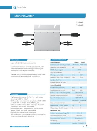 6
Macroinverter
SS-600
SS-800
SS-600 SS-800
Description
Features
Technical datasheet
Input Data (DC)
Commonlyused module power(W)
Maximum input voltage(M)
MPPTvoltage range(V)
Start-up voltage(M)
Max input current (A)
Max input short circuit current (A)
Number of MPPTs
Number of nputs per MPPT
Output Data (AC)
Rated output power(VA)
Rated output current (A)
Nominal output voltage/range(M)
Nominal frequency/range(Hz)'
Power factor (adjustable)
Total harmonic distor�on
Max units per 12 AWG branch2
Max units per 10 AWG branch2
Mechanical Data
Ambient temperature range(℃)
Storage temperature range(℃)
Dimensions(WxH*D[mm])
Weight(kg)
Enclosure ra�ng
Super Solar 2-in-1 microinverters series.
Each microinverter can connect up to 2 panels, with
independent MPPT and monitoring maximizing the
power produc�on of your installa�on.
The new Sub-1G wireless solu�on enables more stable
communica�on with Super Solar gateway DTU.
High-powered microinverter for 2-in-1 with output
power up to 600 or 800VA
With reac�ve power control, compliant with EN 50549
-1:2019, VDE-AR-N 4105:2018,VFR2019, etc
Safer for roo�op solar sta�ons with rapid shutdown
compliance and isolated transformer
Independent MPPT and monitoring ensure greater
energy harvest and easier maintenance
2-in-1 design enables faster installa�on
Sub-1G wireless solu�on allows stable communica�on
in commercial and industrial se�ngs
240 to 405+
60
2x12
2x20
600
2.61
12
7
16-60
22
2
1
230/180~275
50/45-55
>0.99 default
0.8 leading….0.8 lagging
< 3%
-40 to +65
-40 to +85
261x180x35.1
3.2
Outdoor-IP67(NEMA 6)
320 to 540+
65
2x14
2x25
800
3.48
9
5
 