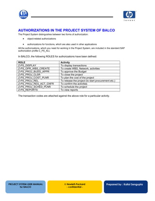 13/12/200267
AUTHORIZATIONS IN THE PROJECT SYSTEM OF BALCO
The Project System distinguishes between two forms of authorization:
• object-related authorizations
• authorizations for functions, which are also used in other applications
All the authorizations, which you need for working in the Project System, are included in the standard SAP
authorization profile C_PS_ALL
In BALCO, the following ROLES for authorizations have been defined:
ROLE Activity
Z-PS_DISPLAY To display transactions
Z-PS_OPR_WBS_CREATE To create WBS, Network, activities
Z-PS_PROJ_BUDG_APPR To approve the Budget
Z-PS_PROJ_CLSR To close the project
Z-PS_PROJ_COST_PLNR To plan the cost of the project
Z-PS_PROJ_REL To release the project (to start procurement etc.)
Z-PS_PROJ_RES_ACT_CNFR To confirm the activities
Z-PS_PROJ_SCHED_PLNR To schedule the project
Z-PS_REPORTS To view reports
The transaction codes are attached against the above role for a particular activity.
PROJECT SYSTEM USER MANUAL
for BALCO
 Hewlett-Packard
- confidential -
Prepared by : Kallol Sengupta
 