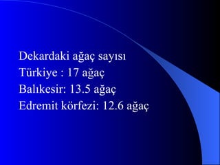 Dekardaki ağaç sayısı Türkiye : 17 ağaç Balıkesir: 13.5 ağaç Edremit körfezi: 12.6 ağaç 