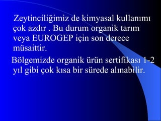 Zeytinciliğimiz de kimyasal kullanımı çok azdır . Bu durum organik tarım veya EUROGEP için son derece müsaittir. Bölgemizde organik ürün sertifikası 1-2 yıl gibi çok kısa bir sürede alınabilir.  