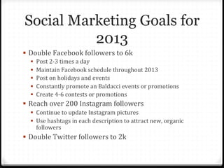 Social Marketing Goals for
2013
§  Double	
  Facebook	
  followers	
  to	
  6k	
  
§  Post	
  2-­‐3	
  times	
  a	
  day...