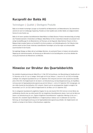 Kurzprofil




Kurzprofil der Balda AG
Technologien | Qualität | Überlegene Produkte
Balda ist ein Anbieter hochwertiger Lösungen aus Kunststoff für die Medizintechnik- und Elektronikbranche. Das Unternehmen
zeichnet sich durch ein erstklassiges Engineering, Produkte von hoher Qualität sowie schnelle, flexible und maßgeschneiderte
Services für seine Kunden aus.

Balda ist mit seinen operativen Geschäftsbereichen Balda Medical und Balda Electronic Products international tätig und verfügt
über Produktionsstandorte in Deutschland und Malaysia. Balda Medical mit Sitz in Deutschland entwickelt und produziert hoch-
wertige Kunststofflösungen für die Medizintechnik, die Pharmazie und die Diagnostik. Balda Electronic Products mit Sitz in
Malaysia fertigt innovative Systeme aus Kunststoff für die Kommunikations- und Unterhaltungsbranche. Der Erfolg des Unter-
nehmens basiert auf dem Einsatz modernster, kosteneffizienter Technologien und auf der engen und vertrauensvollen
Zusammenarbeit mit den Kunden.

Die langfristige Strategie von Balda zielt auf nachhaltiges Wachstum, die wachsende Präsenz im Ausland, die kontinuierliche
Steigerung des Unternehmenswertes, die Generierung von Mehrwerten für die Geschäftspartner und auf eine attraktive Ver-
zinsung des Investments der Aktionärinnen und Aktionäre.




Hinweise zur Struktur des Quartalsberichts
Die ordentliche Hauptversammlung der Balda AG am 11. Mai 2012 hat beschlossen, den Bilanzstichtag der Gesellschaft vom
31. Dezember auf den 30. Juni zu verlegen. Damit ergab sich für den Zeitraum 1. Januar bis 30. Juni 2012 ein Rumpfge-
schäftsjahr. Der vorliegende Quartalsbericht zum 30. September 2012 entspricht somit dem ersten Quartal des Geschäfts-
jahres 2012/2013. Als Vergleichswerte für die Gewinn- und Verlustrechnung, die Gesamtergebnisrechnung, die Kapitalfluss-
rechnung sowie die Eigenkapitalveränderungsrechnung wird der Zeitraum 1. Juli bis 30. September 2011 herangezogen, der
dem dritten Quartal des Geschäftsjahres 2011 entsprach. Dadurch wird ein periodengerechter Vergleich ermöglicht. Die
Konzernbilanz zum 30. Juni 2012 stellt die Vergleichswerte für die Bilanz zum 30. September 2012.

Die im vorliegenden Quartalsbericht aufgeführten Angaben für das erste Quartal 2012/2013 stimmen mit den Werten des
veröffentlichten Berichts über das dritte Quartal 2011 der fortgeführten Geschäftsbereiche überein. Somit sind die Werte der
Gewinn- und Verlustrechnung bis zum „Ergebnis fortgeführter Geschäftsbereiche“ vergleichbar. Allerdings ist das zum 1.
Dezember 2011 veräußerte Segment MobileCom im Vergleichszeitraum teilweise noch im Zahlenwerk der Cash flow-
Rechnung, der Gesamtergebnisrechnung und der Eigenkapitalveränderungsrechnung enthalten. Die Vergleichswerte sind
deshalb nur bedingt mit den Werten im Berichtszeitraum vergleichbar.




                                                                                                                                           3
 