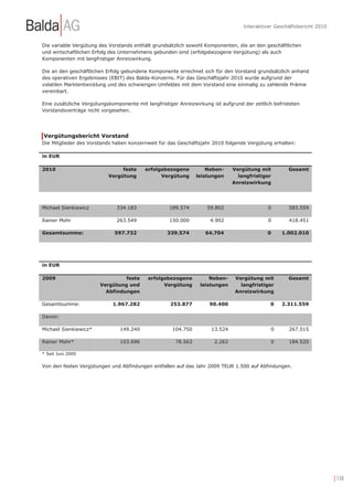Interaktiver Geschäftsbericht 2010


Die variable Vergütung des Vorstands enthält grundsätzlich sowohl Komponenten, die an den geschäftlichen
und wirtschaftlichen Erfolg des Unternehmens gebunden sind (erfolgsbezogene Vergütung) als auch
Komponenten mit langfristiger Anreizwirkung.

Die an den geschäftlichen Erfolg gebundene Komponente errechnet sich für den Vorstand grundsätzlich anhand
des operativen Ergebnisses (EBIT) des Balda-Konzerns. Für das Geschäftsjahr 2010 wurde aufgrund der
volatilen Marktentwicklung und des schwierigen Umfeldes mit dem Vorstand eine einmalig zu zahlende Prämie
vereinbart.

Eine zusätzliche Vergütungskomponente mit langfristiger Anreizwirkung ist aufgrund der zeitlich befristeten
Vorstandsverträge nicht vorgesehen.




Vergütungsbericht Vorstand
Die Mitglieder des Vorstands haben konzernweit für das Geschäftsjahr 2010 folgende Vergütung erhalten:

in EUR

2010                            feste     erfolgsbezogene           Neben-     Vergütung mit          Gesamt
                           Vergütung            Vergütung       leistungen       langfristiger
                                                                               Anreizwirkung




Michael Sienkiewicz            334.183              189.574         59.802                   0        583.559

Rainer Mohr                    263.549              150.000          4.902                   0        418.451

Gesamtsumme:                  597.732               339.574        64.704                    0     1.002.010




in EUR

2009                             feste      erfolgsbezogene          Neben-     Vergütung mit         Gesamt
                        Vergütung und             Vergütung      leistungen       langfristiger
                          Abfindungen                                           Anreizwirkung

Gesamtsumme:                 1.967.282               253.877         90.400                   0    2.311.559

Davon:

Michael Sienkiewicz*            149.240               104.750         13.524                   0      267.515

Rainer Mohr*                    103.696                78.563          2.262                   0      184.520

* Seit Juni 2009


Von den festen Vergütungen und Abfindungen entfallen auf das Jahr 2009 TEUR 1.500 auf Abfindungen.




                                                                                                                        | 138
 