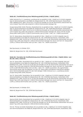 Interaktiver Geschäftsbericht 2010




Balda AG / Veröffentlichung einer Mitteilung gemäß § 26 Abs. 1 WpHG (Aktie)

Kofler Ventures S.a.r.l., Luxemburg, Luxemburg hat uns gemäß § 21 Abs. 1 WpHG am 5.10.2010 mitgeteilt,
dass ihr Stimmrechtsanteil an der Balda AG, Bergkirchener Str. 228, 32549 Bad Oeynhausen, Deutschland,
ISIN: DE0005215107, WKN: 521510 am 1.10.2010 die Schwelle von 3% der Stimmrechte unterschritten hat
und an diesem Tag 2,29% (das entspricht 1.238.615 Stimmrechten) betragen hat.

Gruppe Georg Kofler GmbH, München, Deutschland hat uns gemäß § 21 Abs. 1 WpHG am 5.10.2010 mitgeteilt,
dass ihr Stimmrechtsanteil an der Balda AG, Bergkirchener Str. 228, 32549 Bad Oeynhausen, Deutschland,
ISIN: DE0005215107, WKN: 521510 am 01.10.2010 die Schwelle von 3% der Stimmrechte unterschritten hat
und an diesem Tag 2,29% (das entspricht 1.238.615 Stimmrechten) betragen hat. Davon sind der Gruppe
Georg Kofler GmbH 2,29% (1.238.615 Stimmrechte) nach § 22 Abs. 1 Satz 1 Nr. 1 WpHG zuzurechnen.

Herr Dr. Georg Georg, Deutschland hat uns gemäß § 21 Abs. 1 WpHG am 5.10.2010 mitgeteilt, dass ihr
Stimmrechtsanteil an der Balda AG, Bergkirchener Str. 228, 32549 Bad Oeynhausen, Deutschland, ISIN:
DE0005215107, WKN: 521510 am 01.10.2010 die Schwelle von 3% der Stimmrechte unterschritten hat und an
diesem Tag 2,29% (das entspricht 1.238.615 Stimmrechten) betragen hat. Davon sind Herrn Dr. Georg Kofler
2,29% (1.238.615 Stimmrechte) nach § 22 Abs. 1 Satz 1 Nr. 1 WpHG zuzurechnen.




Bad Oeynhausen, im Oktober 2010

Balda AG, Bergkirchner Str. 228, 32549 Bad Oeynhausen




Balda AG / Korrektur der Veröffentlichung einer Mitteilung gemäß § 26 Abs. 1 WpHG (Aktie) vom
08. Okt. 2010, 15:04 Uhr

Herr Dr. Georg Kofler, Deutschland hat uns gemäß § 21 Abs. 1 WpHG am 5.10.2010 mitgeteilt, dass sein
Stimmrechtsanteil an der Balda AG, Bergkirchener Str. 228, 32549 Bad Oeynhausen, Deutschland, ISIN:
DE0005215107, WKN: 521510 am 23.09.2010 die Schwelle von 5% der Stimmrechte unterschritten hat und an
diesem Tag 4,74% (das entspricht 2.564.499 Stimmrechten) betragen hat. Davon sind Herrn Dr. Georg Kofler
4,74% (2.564.499 Stimmrechte) nach § 22 Abs. 1 Satz 1 Nr. 1 WpHG zuzurechnen. Die zugerechneten
Stimmrechte werden über die folgenden von Herrn Dr. Georg Kofler kontrollierten Unternehmen gehalten,
deren Stimmrechtsanteile jeweils 3% oder mehr betragen: Kofler Ventures S.a.r.l., Luxembourg und die
Gruppe Georg Kofler GmbH, München.

Herr Dr. Georg Kofler, Deutschland, hat uns gemäß § 21 Abs. 1 WpHG am 5.10.2010 mitgeteilt, dass sein
Stimmrechtsanteil an der Balda AG, Bergkirchener Str. 228, 32549 Bad Oeynhausen, Deutschland, ISIN:
DE0005215107, WKN: 521510 am 01.10.2010 die Schwelle von 3% der Stimmrechte unterschritten hat und an
diesem Tag 2,29% (das entspricht 1.238.615 Stimmrechten) betragen hat. Davon sind Herrn Dr. Georg Kofler
2,29% (1.238.615 Stimmrechte) nach § 22 Abs. 1 Satz 1 Nr. 1 WpHG zuzurechnen.




Bad Oeynhausen, im Oktober 2010

Balda AG, Bergkirchner Str. 228, 32549 Bad Oeynhausen




Balda AG / Veröffentlichung einer Mitteilung gemäß § 26 Abs. 1 WpHG (Aktie)

Quercus GmbH, Berlin, Deutschland hat uns gemäß § 21 Abs. 1 WpHG am 12.10.2010 mitgeteilt, dass ihr
Stimmrechtsanteil an der Balda AG, Bergkirchener Str. 228, 32549 Bad Oeynhausen, Deutschland, ISIN:
DE0005215107, WKN: 521510 am 12.10.2010 die Schwelle von 3% der Stimmrechte unterschritten hat und an
diesem Tag 2,95% (das entspricht 1.598.218 Stimmrechten) beträgt.

Herr Dr. Thomas van Aubel, Deutschland, hat uns gemäß § 21 Abs. 1 WpHG am 12.10.2010 mitgeteilt, dass
sein Stimmrechtsanteil an der Balda AG, Bergkirchener Str. 228, 32549 Bad Oeynhausen, Deutschland, ISIN:


                                                                                                                    | 166
 