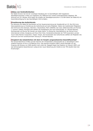 Interaktiver Geschäftsbericht 2010



Abbau von Verbindlichkeiten
Der Balda-Konzern hat mit der vorzeitigen Wandlung der im Geschäftsjahr 2007 begebenen
Wandelgenussrechte in Höhe von insgesamt 34,2 Millionen Euro weitere Verbindlichkeiten abgebaut. Mit
Wirkung zum 29. Oktober 2010 haben die Inhaber der Wandelgenussrechte 4.733.964 Aktien der Balda AG mit
Gewinnberechtigung für das Geschäftsjahr 2010 erhalten.

Erweiterung des Aufsichtsrats
Die Aktionäre der Balda AG beschlossen auf der Hauptversammlung der Gesellschaft am 25. Mai 2010 eine
Satzungsänderung zur Erweiterung des Aufsichtsrats auf sechs Mitglieder. Neben den bestehenden Mitgliedern
des Gremiums Dino Kitzinger, München / Deutschland, Mark Littlefield, San José, Kalifornien/USA und Thomas
J. Leonard, Holland, Michigan/USA wählten die Anteilseigner drei neue Aufsichtsräte: Dr. Michael Naschke,
Rechtsanwalt und Partner der Kanzlei van Aubel, Berlin, Yu-Sheng Kai, Geschäftsführer der Eternal Union
International Limited, Hongkong und Chun-Chen Chen, Vorstandsvorsitzender der TVM Corporation und der
Touch Video Monitor Corporation, Taipeh, Taiwan. Als Vorsitzenden des Aufsichtsrats wählten die Mitglieder des
Gremiums auf ihrer konstituierenden Sitzung Dr. Michael Naschke.

Vergleich des tatsächlichen mit dem im Vorjahr prognostizierten Geschäftsverlauf
Der Konzernabschluss im Blick auf das Volumen der Umsatzerlöse unterschreitet die zu Jahresbeginn 2010
erklärte Prognose um bis zu 20 Millionen Euro. Das operative Ergebnis (EBIT) weicht ebenfalls von der
Prognose des Niveaus von 2009 deutlich nach unten ab. Dagegen liegen das Ergebnis vor Steuern (EBT) und
das Jahresergebnis Gesamtkonzern aufgrund der neuen Bewertung der Anteile an der TPK deutlich über den
Erwartungen.




                                                                                                                       | 28
 