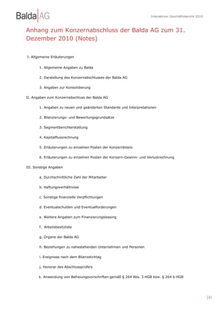Interaktiver Geschäftsbericht 2010



Anhang zum Konzernabschluss der Balda AG zum 31.
Dezember 2010 (Notes)

I. Allgemeine Erläuterungen


       1. Allgemeine Angaben zu Balda


       2. Darstellung des Konzernabschlusses der Balda AG


       3. Angaben zur Konsolidierung


II. Angaben zum Konzernabschluss der Balda AG


       1. Angaben zu neuen und geänderten Standards und Interpretationen


       2. Bilanzierungs- und Bewertungsgrundsätze


       3. Segmentberichterstattung


       4. Kapitalflussrechnung


       5. Erläuterungen zu einzelnen Posten der Konzernbilanz


       6. Erläuterungen zu einzelnen Posten der Konzern-Gewinn- und Verlustrechnung


III. Sonstige Angaben


       a. Durchschnittliche Zahl der Mitarbeiter


       b. Haftungsverhältnisse


       c. Sonstige finanzielle Verpflichtungen


       d. Eventualschulden und Eventualforderungen


       e. Weitere Angaben zum Finanzierungsleasing


       f. Anteilsbesitzliste


       g. Organe der Balda AG


       h. Beziehungen zu nahestehenden Unternehmen und Personen


       i. Ereignisse nach dem Bilanzstichtag


       j. Honorar des Abschlussprüfers


       k. Anwendung von Befreiungsvorschriften gemäß § 264 Abs. 3 HGB bzw. § 264 b HGB




                                                                                                          | 83
 