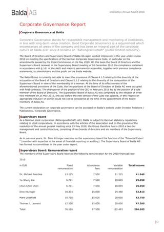 Interactive Annual Report 2010




Corporate Governance Report
Corporate Governance at Balda


Corporate Governance stands for responsible management and monitoring of companies,
in line with long-term value creation. Good Corporate Governance is a requirement which
encompasses all areas of the company and has been an integral part of the corporate
culture at Balda ever since it became an "Aktiengesellschaft" (public limited company).

The Board of Directors and Supervisory Board of Balda AG again worked intensively in the year under review
2010 on meeting the specifications of the German Corporate Governance Code, in particular on the
amendments passed by the Code Commission on 26 May 2010. On this basis the Board of Directors and the
Supervisory Board renewed in the Supervisory Board meeting of 10 December 2010 the compliance statement
in accordance with § 161 of the AktG and made it permanently accessible, together with previous compliance
statements, to shareholders and the public on the Balda website.

The Balda Group is currently not able to meet the provisions of Clause 4.1.5 relating to the diversity of the
occupation of the Board of Directors and Clause 5.1.2 relating to the diversity of the composition of the
Supervisory Board in view of the membership of a woman. At the time of its effectiveness of the
aforementioned provisions of the Code, the two positions of the Board of Directors of Balda AG were occupied
with final contracts. The changeover of the position of the CEO in February 2011 led to the position of a sole
member of the Board of Directors. The Supervisory Board of Balda AG was completed by the election of three
new members on 25 May 2010, one day before the new version of the Code was applied. In this respect an
appropriate inclusion of women could not yet be considered at the time of the appointment of the Board
members of Balda AG.

The current declaration on corporate governance can be accessed on Balda’s website under Investor Relations /
Publications / Corporate Governance.

Supervisory Board
As a German stock corporation (Aktiengesellschaft, AG), Balda is subject to German statutory regulations
relating to stock corporations. In accordance with the articles of the association and on the grounds of the
resolution of the annual general meeting since 25 May 2010, the Group therefore has in 2010 a two-tier
management and control structure, consisting of two boards of directors and six members of the Supervisory
Board.

As in previous years, Mr. Dino Kitzinger executes on the supervisory board the function of the "Financial Expert
" (member with expertise in the areas of financial reporting or auditing). The Supervisory Board of Balda AG
has formed no committees in the year under report.

Supervisory Board: Remuneration report
The members of the Supervisory Board received the following remuneration for the 2010 financial year:

2010

in EUR                                   Fixed               Attendance            Variable       Total income
                                  remuneration                     fees        remuneration

Dr. Michael Naschke                     13.125                    7.500               21.315             41.940

Yu-Sheng Kai                              6.701                   7.500               10.849             25.050

Chun-Chen Chen                            6.701                   7.500               10.849             25.050

Dino Kitzinger                          18.333                   15.000               29.480             62.813

Mark Littlefield                        18.750                   15.000               30.000             63.750

Thomas J. Leonard                       12.500                   15.000               20.000             47.500

Total:                                  76.110                   67.500             122.493            266.103




                                                                                                                   | 32
 