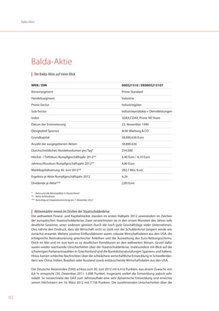 Balda-Aktie




               Balda-Aktie
               | Die Balda-Aktie auf einen Blick

               WKN / ISIN                                                      000521510 / DE0005215107
               Börsensegment                                                   Prime Standard
               Handelssegment                                                  Industrie
               Prime-Sector                                                    Industriegüter
               Sub-Sector                                                      Industrieprodukte + Dienstleistungen
               Index                                                           SDAX,CDAX, Prime All Share
               Datum der Erstnotierung                                         23. November 1999
               Designated Sponsor                                              M.M. Warburg & CO
               Grundkapital                                                    58.890.636 Euro
               Anzahl der ausgegebenen Aktien                                  58.890.636
               Durchschnittliches Handelsvolumen pro Tag*                      254.000
               Höchst- / Tiefstkurs Rumpfgeschäftsjahr 2012**                  6,40 Euro / 4,10 Euro
               Jahresschlusskurs Rumpfgeschäftsjahr 2012**                     4,80 Euro
               Marktkapitalisierung 30. Juni 2012**                            282,7 Mio. Euro
               Ergebnis je Aktie Rumpfgeschäftsjahr 2012                       4,26
               Dividende je Aktie***                                           2,00 Euro

               * Xetra und alle Börsenplätze in Deutschland
               ** Xetra-Schlusskurse
               *** Vorschlag an Hauptversammlung am 7. November 2012



               | Aktienmärkte erneut im Zeichen der Staatsschuldenkrise
               Die weltweiten Finanz- und Kapitalmärkte standen im ersten Halbjahr 2012 unverändert im Zeichen
               der europäischen Staatsschuldenkrise. Zwar verzeichneten sie in den ersten Monaten des Jahres teils
               deutliche Gewinne, unter anderem gestützt durch die noch gute Geschäftslage vieler Unternehmen.
               Dies nährte den Eindruck, dass die Wirtschaft nicht so stark von der Schuldenkrise tangiert werde wie
               zunächst erwartet. Weitere positive Einflussfaktoren waren robuste Wirtschaftsdaten aus den USA, die
               erfolgreiche Restrukturierung griechischer Anleihen und die Ausweitung des Euro-Rettungsschirms.
               Doch im Mai und im Juni kam es zu deutlichen Korrekturen an den weltweiten Börsen. Grund dafür
               waren wieder wachsende Unsicherheiten über die Staatsschuldenkrise, insbesondere mit Blick auf die
               schwierigen Parlamentswahlen in Griechenland und die Bonitätsherabstufungen Spaniens und Italiens.
               Hinzu kamen schlechte Nachrichten über die schwächere wirtschaftliche Entwicklung in Schwellenlän-
               dern wie China, Indien, Brasilien oder Russland sowie enttäuschende Wirtschaftsdaten aus den USA.

               Der Deutsche Aktienindex (DAX) schloss zum 30. Juni 2012 mit 6.416 Punkten, was einem Zuwachs von
               8,8 % entspricht (30. Dezember 2011: 5.898 Punkte). Insgesamt verlief die Entwicklung jedoch sehr
               volatil: So verzeichnete der DAX zum Jahresauftakt eine sehr dynamische Entwicklung und erreichte
               seinen Höchstwert am 16. März 2012 mit 7.158 Punkten. Die zunehmenden Unsicherheiten über die



12 |
 