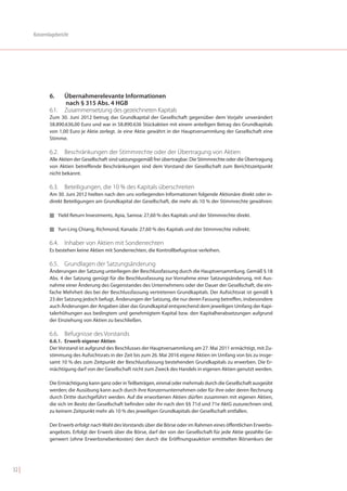 Konzernlagebericht




               6.     Übernahmerelevante Informationen
                      nach § 315 Abs. 4 HGB
               6.1.   Zusammensetzung des gezeichneten Kapitals
               Zum 30. Juni 2012 betrug das Grundkapital der Gesellschaft gegenüber dem Vorjahr unverändert
               58.890.636,00 Euro und war in 58.890.636 Stückaktien mit einem anteiligen Betrag des Grundkapitals
               von 1,00 Euro je Aktie zerlegt. Je eine Aktie gewährt in der Hauptversammlung der Gesellschaft eine
               Stimme.

               6.2. Beschränkungen der Stimmrechte oder der Übertragung von Aktien
               Alle Aktien der Gesellschaft sind satzungsgemäß frei übertragbar. Die Stimmrechte oder die Übertragung
               von Aktien betreffende Beschränkungen sind dem Vorstand der Gesellschaft zum Berichtszeitpunkt
               nicht bekannt.

               6.3. Beteiligungen, die 10 % des Kapitals überschreiten
               Am 30. Juni 2012 hielten nach den uns vorliegenden Informationen folgende Aktionäre direkt oder in-
               direkt Beteiligungen am Grundkapital der Gesellschaft, die mehr als 10 % der Stimmrechte gewähren:

               I Yield Return Investments, Apia, Samoa: 27,60 % des Kapitals und der Stimmrechte direkt.


               I Yun-Ling Chiang, Richmond, Kanada: 27,60 % des Kapitals und der Stimmrechte indirekt.


               6.4. Inhaber von Aktien mit Sonderrechten
               Es bestehen keine Aktien mit Sonderrechten, die Kontrollbefugnisse verleihen.

               6.5. Grundlagen der Satzungsänderung
               Änderungen der Satzung unterliegen der Beschlussfassung durch die Hauptversammlung. Gemäß § 18
               Abs. 4 der Satzung genügt für die Beschlussfassung zur Vornahme einer Satzungsänderung, mit Aus-
               nahme einer Änderung des Gegenstandes des Unternehmens oder der Dauer der Gesellschaft, die ein-
               fache Mehrheit des bei der Beschlussfassung vertretenen Grundkapitals. Der Aufsichtsrat ist gemäß §
               23 der Satzung jedoch befugt, Änderungen der Satzung, die nur deren Fassung betreffen, insbesondere
               auch Änderungen der Angaben über das Grundkapital entsprechend dem jeweiligen Umfang der Kapi-
               talerhöhungen aus bedingtem und genehmigtem Kapital bzw. den Kapitalherabsetzungen aufgrund
               der Einziehung von Aktien zu beschließen.

               6.6. Befugnisse des Vorstands
               6.6.1. Erwerb eigener Aktien
               Der Vorstand ist aufgrund des Beschlusses der Hauptversammlung am 27. Mai 2011 ermächtigt, mit Zu-
               stimmung des Aufsichtsrats in der Zeit bis zum 26. Mai 2016 eigene Aktien im Umfang von bis zu insge-
               samt 10 % des zum Zeitpunkt der Beschlussfassung bestehenden Grundkapitals zu erwerben. Die Er-
               mächtigung darf von der Gesellschaft nicht zum Zweck des Handels in eigenen Aktien genutzt werden.

               Die Ermächtigung kann ganz oder in Teilbeträgen, einmal oder mehrmals durch die Gesellschaft ausgeübt
               werden; die Ausübung kann auch durch ihre Konzernunternehmen oder für ihre oder deren Rechnung
               durch Dritte durchgeführt werden. Auf die erworbenen Aktien dürfen zusammen mit eigenen Aktien,
               die sich im Besitz der Gesellschaft befinden oder ihr nach den §§ 71d und 71e AktG zuzurechnen sind,
               zu keinem Zeitpunkt mehr als 10 % des jeweiligen Grundkapitals der Gesellschaft entfallen.

               Der Erwerb erfolgt nach Wahl des Vorstands über die Börse oder im Rahmen eines öffentlichen Erwerbs-
               angebots. Erfolgt der Erwerb über die Börse, darf der von der Gesellschaft für jede Aktie gezahlte Ge-
               genwert (ohne Erwerbsnebenkosten) den durch die Eröffnungsauktion ermittelten Börsenkurs der




32 |
 