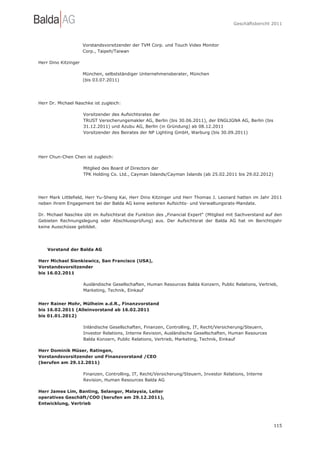 Geschäftsbericht 2011




                      Vorstandsvorsitzender der TVM Corp. und Touch Video Monitor
                      Corp., Taipeh/Taiwan

Herr Dino Kitzinger

                      München, selbstständiger Unternehmensberater, München
                      (bis 03.07.2011)




Herr Dr. Michael Naschke ist zugleich:

                      Vorsitzender des Aufsichtsrates der
                      TRUST Versicherungsmakler AG, Berlin (bis 30.06.2011), der ENGLIGNA AG, Berlin (bis
                      31.12.2011) und Azubu AG, Berlin (in Gründung) ab 08.12.2011
                      Vorsitzender des Beirates der NP Lighting GmbH, Warburg (bis 30.09.2011)




Herr Chun-Chen Chen ist zugleich:

                      Mitglied des Board of Directors der
                      TPK Holding Co. Ltd., Cayman Islands/Cayman Islands (ab 25.02.2011 bis 29.02.2012)




Herr Mark Littlefield, Herr Yu-Sheng Kai, Herr Dino Kitzinger und Herr Thomas J. Leonard hatten im Jahr 2011
neben ihrem Engagement bei der Balda AG keine weiteren Aufsichts- und Verwaltungsrats-Mandate.

Dr. Michael Naschke übt im Aufsichtsrat die Funktion des „Financial Expert“ (Mitglied mit Sachverstand auf den
Gebieten Rechnungslegung oder Abschlussprüfung) aus. Der Aufsichtsrat der Balda AG hat im Berichtsjahr
keine Ausschüsse gebildet.




    Vorstand der Balda AG

Herr Michael Sienkiewicz, San Francisco (USA),
Vorstandsvorsitzender
bis 16.02.2011

                      Ausländische Gesellschaften, Human Resources Balda Konzern, Public Relations, Vertrieb,
                      Marketing, Technik, Einkauf


Herr Rainer Mohr, Mülheim a.d.R., Finanzvorstand
bis 16.02.2011 (Alleinvorstand ab 16.02.2011
bis 01.01.2012)

                      Inländische Gesellschaften, Finanzen, Controlling, IT, Recht/Versicherung/Steuern,
                      Investor Relations, Interne Revision, Ausländische Gesellschaften, Human Resources
                      Balda Konzern, Public Relations, Vertrieb, Marketing, Technik, Einkauf

Herr Dominik Müser, Ratingen,
Vorstandsvorsitzender und Finanzvorstand /CEO
(berufen am 29.12.2011)

                      Finanzen, Controlling, IT, Recht/Versicherung/Steuern, Investor Relations, Interne
                      Revision, Human Resources Balda AG

Herr James Lim, Banting, Selangor, Malaysia, Leiter
operatives Geschäft/COO (berufen am 29.12.2011),
Entwicklung, Vertrieb




                                                                                                            115
 