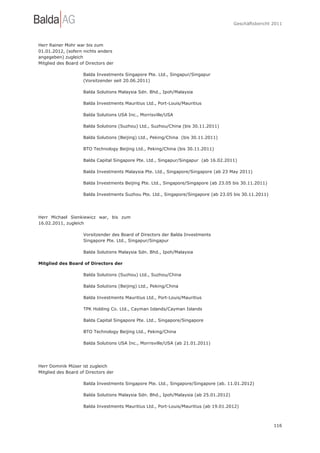 Geschäftsbericht 2011




Herr Rainer Mohr war bis zum
01.01.2012, (sofern nichts anders
angegeben) zugleich
Mitglied des Board of Directors der

                    Balda Investments Singapore Pte. Ltd., Singapur/Singapur
                    (Vorsitzender seit 20.06.2011)

                    Balda Solutions Malaysia Sdn. Bhd., Ipoh/Malaysia

                    Balda Investments Mauritius Ltd., Port-Louis/Mauritius

                    Balda Solutions USA Inc., Morrisville/USA

                    Balda Solutions (Suzhou) Ltd., Suzhou/China (bis 30.11.2011)

                    Balda Solutions (Beijing) Ltd., Peking/China (bis 30.11.2011)

                    BTO Technology Beijing Ltd., Peking/China (bis 30.11.2011)

                    Balda Capital Singapore Pte. Ltd., Singapur/Singapur (ab 16.02.2011)

                    Balda Investments Malaysia Pte. Ltd., Singapore/Singapore (ab 23 May 2011)

                    Balda Investments Beijing Pte. Ltd., Singapore/Singapore (ab 23.05 bis 30.11.2011)

                    Balda Investments Suzhou Pte. Ltd., Singapore/Singapore (ab 23.05 bis 30.11.2011)




Herr Michael Sienkiewicz war, bis zum
16.02.2011, zugleich

                    Vorsitzender des Board of Directors der Balda Investments
                    Singapore Pte. Ltd., Singapur/Singapur

                    Balda Solutions Malaysia Sdn. Bhd., Ipoh/Malaysia

Mitglied des Board of Directors der

                    Balda Solutions (Suzhou) Ltd., Suzhou/China

                    Balda Solutions (Beijing) Ltd., Peking/China

                    Balda Investments Mauritius Ltd., Port-Louis/Mauritius

                    TPK Holding Co. Ltd., Cayman Islands/Cayman Islands

                    Balda Capital Singapore Pte. Ltd., Singapore/Singapore

                    BTO Technology Beijing Ltd., Peking/China

                    Balda Solutions USA Inc., Morrisville/USA (ab 21.01.2011)




Herr Dominik Müser ist zugleich
Mitglied des Board of Directors der

                    Balda Investments Singapore Pte. Ltd., Singapore/Singapore (ab. 11.01.2012)

                    Balda Solutions Malaysia Sdn. Bhd., Ipoh/Malaysia (ab 25.01.2012)

                    Balda Investments Mauritius Ltd., Port-Louis/Mauritius (ab 19.01.2012)



                                                                                                         116
 