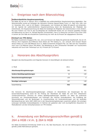 Geschäftsbericht 2011




i.        Ereignisse nach dem Bilanzstichtag
Außerordentliche Hauptversammlung
Die Balda AG hat am 8. Februar 2012 in Bielefeld eine außerordentliche Hauptversammlung abgehalten. Das
Aktionärstreffen wurde auf Verlangen der Aktionärin Octavian Special Master Fund, L.P., New York, USA, vom
12. Dezember 2011, nach § 122 Absatz 1 Aktiengesetz, vom Vorstand der Balda AG geprüft und einberufen.
Auf der Agenda der außerordentlichen Hauptversammlung stand die Neubesetzung der Mitglieder des
Aufsichtsrats. Die Hauptversammlung der Balda AG bestätigte die Mitglieder des Aufsichtsrates in ihren Ämtern.
Bei einer Präsenz von 76,9 % des Grundkapitals der Gesellschaft fanden die von Octavian gestellten Anträge
auf Abberufung von Herrn Dr. Michael Naschke (Vorsitzender), Herrn Yu-Sheng Kai und Herrn Chun-Chen Chen
in keinem der drei Fälle die erforderliche Zustimmung von mehr als 50 Prozent der abgegebenen Stimmen.

Verkauf von TPK-Aktien
Die Balda Investments Singapore Pte. Ltd., eine zum Konzern der Balda AG gehörende Gesellschaft, hat am 29.
Februar 2012 insgesamt 20,0 Millionen Stück Aktien der TPK Holding Co., Ltd. verkauft. Dem Konzern flossen
daraus Erlöse von rund 238 Millionen Euro zu. Balda Investments Singapore Pte. Ltd. hält nach der Transaktion
noch rund 17,8 Millionen Stück TPK-Aktien. Die Beteiligung an dem chinesischen Hersteller von Touchscreens
reduzierte sich durch den Teilverkauf von 16,1 Prozent auf 7,6 Prozent.




j.        Honorare des Abschlussprüfers
Bezüglich des Abschlussprüfers sind folgende Honorare im Geschäftsjahr als Aufwand erfasst:




in TEUR                                                                         2011                    2010

Abschlussprüfungsleistungen                                                      366                      302

Andere Bestätigungsleistungen                                                      54                     146

Steuerberatungsleistungen                                                        155                        0

Sonstige Leistungen                                                              187                      138

Gesamtbetrag                                                                     762                     586




Die Honorare für Abschlussprüfungsleistungen umfassen im Wesentlichen die Vergütungen für die
Konzernabschlussprüfung sowie für die Prüfung der Abschlüsse der Balda AG und ihrer inländischen
Tochterunternehmen. Honorare für andere Bestätigungsleistungen betreffen vor allem die prüferische
Durchsicht von Zwischenabschlüssen und Prüfungen des internen Kontrollsystems. Die Erstellung der
Steuererklärungen und die Beratungen im Zusammenhang mit Umstrukturierungen und der laufenden
Betriebsprüfung der Jahre 2007-2009 sind in den Steuerberatungsleistungen zusammen gefasst. Die sonstigen
Leistungen beinhalten Analysetätigkeiten im Rahmen der geplanten aber nicht durchgeführten Akquisition im
Medicalbereich und des Verkaufsprozesses von TPK Anteilen.




k. Anwendung von Befreiungsvorschriften gemäß §
264 a HGB i.V.m. § 264 b HGB
Die Balda Grundstücks-Vermietungs GmbH & Co. KG, Bad Oeynhausen, hat von den Befreiungsvorschriften
gemäß § 264b HGB Gebrauch gemacht.


                                                                                                          121
 