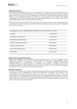 Geschäftsbericht 2011




Aktionärsstruktur
Das Interesse an der Balda-Aktie war auch im Jahr 2011 groß. Im Juni 2011 gab die Senrigan Capital Group mit
Sitz in Hong Kong einen Stimmrechtsanteil von 5,09 Prozent an der Balda AG bekannt. Der Octavian Special
Master Fund mit Sitz in New York, USA, hatte bereits im August 2011 eine Stimmrechtsbeteiligung von 5,22
Prozent an der Gesellschaft gemeldet. Im Verlauf des vierten Quartals 2011 meldeten zwei weitere
institutionelle Aktionäre Stimmrechtsbeteiligungen: Weiss Asset Management aus den USA mit 5,04 Prozent
und RoundKeep Capital Advisors, Illinois, USA, mit 5,59 Prozent.

Mit 27,6 Prozent der Stimmrechte ist die Yield Return Investments nach wie vor der größte Aktionär der
Gesellschaft. Der Freefloat (berechnet auf Basis der Definition der Deutschen Börse) betrug zum 31. Dezember
2011 rund 51,33 Prozent.




 Aktionärsstruktur zum 31. Dezember 2011 *auf Basis von Stimmrechtsmitteilungen nach WpHG

 Freefloat                                                                51,33 Prozent

 Yield Return Investments                                                 27,6 Prozent

 RoundKeep Capital Advisors                                               5,59 Prozent

 Octavian Special Master Fund                                             5,22 Prozent

 Senrigan Capital Group                                                   5,09 Prozent

 Weiss Asset Management                                                   5,04 Prozent

 Aufsichtsrat                                                             0,13 Prozent




Ordentliche Hauptversammlung
Nahezu alle Beschlüsse auf der ordentlichen Hauptversammlung am 27. Mai 2011 erfolgten mit den
erforderlichen Mehrheiten. Die Aktionäre bewilligten jedoch die beantragten Kapitalmaßnahmen gemäß
Tagesordnungspunkt      6   (Ermächtigung    zur    Ausgabe     von Wandel- und/oder   Optionsschuld-
schuldverschreibungen). Tagesordnungspunkt 7 (Aufhebung des bestehenden und die Schaffung von neuem
genehmigten Kapital) mit einem Zeithorizont bis zum Jahr 2016 nicht. Die 270 vertretenen Anteilseigner
repräsentierten rund 50 Prozent des stimmberechtigten Kapitals.

Investor Relations
Die offene Kommunikation mit Investoren, Journalisten und Analysten gehört zum Tagesgeschäft der Balda AG.
Im Berichtsjahr traf das Management im Rahmen von Roadshows Fondsmanager und Analysten in den
internationalen Finanzzentren Frankfurt, London und New York. Die Medien wurden in Form von
Pressegesprächen und regelmäßigen Presseinformationen über die Geschäftsentwicklung informiert. Überdies
nutzte Balda auch im Geschäftsjahr 2011 aktiv relevante Social Media-Kanälen wie Facebook und YouTube.
Zudem macht der Konzern im Kurznachrichtendienst Twitter auf seine Veröffentlichungen aufmerksam und
informiert kompakt mit aktuellen Nachrichten.




                                                                                                         17
 