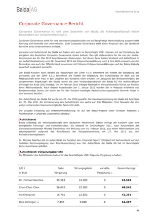 Geschäftsbericht 2011




Corporate Governance Bericht
Corporate Governance ist seit dem Bestehen von Balda als Aktiengesellschaft fester
Bestandteil der Unternehmenskultur.

Corporate Governance steht für eine verantwortungsbewusste und auf langfristige Wertschöpfung ausgerichtete
Führung und Kontrolle von Unternehmen. Gute Corporate Governance stellt einen Anspruch dar, der sämtliche
Bereiche eines Unternehmens umfasst.

Vorstand und Aufsichtsrat der Balda AG haben sich auch im Berichtsjahr 2011 intensiv mit der Einhaltung der
Vorgaben des Deutschen Corporate Governance Kodex befasst. Das gilt insbesondere für die von der Kodex-
Kommission am 26. Mai 2010 beschlossenen Änderungen. Auf dieser Basis haben Vorstand und Aufsichtsrat in
der Aufsichtsratssitzung vom 28. November 2011 die Entsprechenserklärung nach § 161 AktG erneuert und den
Aktionären wie auch der Öffentlichkeit zusammen mit früheren Entsprechenserklärungen auf der Balda-Website
dauerhaft zugänglich gemacht.

Der Balda-Konzern kann derzeit die Regelungen der Ziffer 4.1.5 betreffend die Vielfalt der Besetzung des
Vorstands und der Ziffer 5.1.2 betreffend die Vielfalt der Besetzung des Aufsichtsrats im Blick auf die
Mitgliedschaft einer Frau in den Organen des Konzerns nicht erfüllen. Im Zeitpunkt des Wirksamwerdens der
vorgenannten Regelungen des Kodex waren die zwei Vorstandspositionen der Balda AG mit rechtskräftigen
Verträgen bis Ende 2012 besetzt. Der im Februar 2011 erfolgte Wechsel im Vorstandsvorsitz führte zur Position
eines Alleinvorstands. Nach dessen Ausscheiden per 1. Januar 2012 wurden der in Malaysia erfahrene und
konzernkundige James Lim sowie der für den Konzern benötigte Restrukturierungsexperte Dominik Müser in
den Vorstand berufen.

Der Aufsichtsrat der Balda AG wurde am 25. Mai 2010 gewählt. Die Hauptversammlung der Balda AG beschloss
am 27. Mai 2011 die Verkleinerung des Aufsichtsrats von sechs auf drei Mitglieder. Eine Neuwahl der drei
weiter amtierenden Gremiumsmitglieder fand nicht statt.

Die aktuelle Erklärung zur Unternehmensführung ist auf der Balda-Website unter Investor Relations /
Publikationen / Corporate Governance abrufbar.

Aufsichtsrat
Balda unterliegt als Aktiengesellschaft dem deutschen Aktienrecht. Daher verfügt der Konzern über eine
zweigeteilte Führungs- und Kontrollstruktur. Sie bestand im Geschäftsjahr 2011, nach Ausscheiden des
Vorstandsvorsitzenden Michael Sienkiewicz mit Wirkung zum 16. Februar 2011, aus einem Alleinvorstand und
satzungsgemäß aufgrund des Beschlusses der Hauptversammlung am 27. Mai 2011 aus drei
Aufsichtsratsmitgliedern.

Dr. Michael Naschke übt im Aufsichtsrat die Funktion des „Financial Expert“ (Mitglied mit Sachverstand auf den
Gebieten Rechnungslegung oder Abschlussprüfung) aus. Der Aufsichtsrat der Balda AG hat im Berichtsjahr
keine Ausschüsse gebildet.

Aufsichtsrat: Vergütungsbericht
Die Mitglieder des Aufsichtsrats haben für das Geschäftsjahr 2011 folgende Vergütung erhalten:




2011                               feste          Sitzungsgelder          variable         Gesamtbezüge
in EUR                          Vergütung                              Vergütung     2)



Dr. Michael Naschke               39.583              24.000                 0                 63.583


Chun-Chen Chen                    26.042              22.500                 0                 48.542


Yu-Sheng Kai                      19.792              22.500                 0                 42.292


Dino Kitzinger   1)                7.497               9.000                 0                 16.497


                                                                                                            41
 