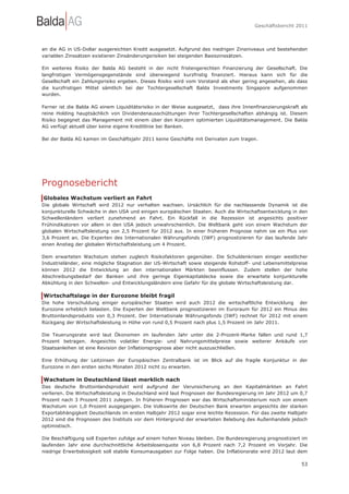 Geschäftsbericht 2011




an die AG in US-Dollar ausgereichten Kredit ausgesetzt. Aufgrund des niedrigen Zinsniveaus und bestehenden
variablen Zinssätzen existieren Zinsänderungsrisiken bei steigenden Basiszinssätzen.

Ein weiteres Risiko der Balda AG besteht in der nicht fristengerechten Finanzierung der Gesellschaft. Die
langfristigen Vermögensgegenstände sind überwiegend kurzfristig finanziert. Hieraus kann sich für die
Gesellschaft ein Zahlungsrisiko ergeben. Dieses Risiko wird vom Vorstand als eher gering angesehen, als dass
die kurzfristigen Mittel sämtlich bei der Tochtergesellschaft Balda Investments Singapore aufgenommen
wurden.

Ferner ist die Balda AG einem Liquiditätsrisiko in der Weise ausgesetzt, dass ihre Innenfinanzierungskraft als
reine Holding hauptsächlich von Dividendenausschüttungen ihrer Tochtergesellschaften abhängig ist. Diesem
Risiko begegnet das Management mit einem über den Konzern optimierten Liquiditätsmanagement. Die Balda
AG verfügt aktuell über keine eigene Kreditlinie bei Banken.

Bei der Balda AG kamen im Geschäftsjahr 2011 keine Geschäfte mit Derivaten zum tragen.




Prognosebericht
Globales Wachstum verliert an Fahrt
Die globale Wirtschaft wird 2012 nur verhalten wachsen. Ursächlich für die nachlassende Dynamik ist die
konjunkturelle Schwäche in den USA und einigen europäischen Staaten. Auch die Wirtschaftsentwicklung in den
Schwellenländern verliert zunehmend an Fahrt. Ein Rückfall in die Rezession ist angesichts positiver
Frühindikatoren vor allem in den USA jedoch unwahrscheinlich. Die Weltbank geht von einem Wachstum der
globalen Wirtschaftsleistung von 2,5 Prozent für 2012 aus. In einer früheren Prognose nahm sie ein Plus von
3,6 Prozent an. Die Experten des Internationalen Währungsfonds (IWF) prognostizieren für das laufende Jahr
einen Anstieg der globalen Wirtschaftsleistung um 4 Prozent.

Dem erwarteten Wachstum stehen zugleich Risikofaktoren gegenüber. Die Schuldenkrisen einiger westlicher
Industrieländer, eine mögliche Stagnation der US-Wirtschaft sowie steigende Rohstoff- und Lebensmittelpreise
können 2012 die Entwicklung an den internationalen Märkten beeinflussen. Zudem stellen der hohe
Abschreibungsbedarf der Banken und ihre geringe Eigenkapitaldecke sowie die erwartete konjunkturelle
Abkühlung in den Schwellen- und Entwicklungsländern eine Gefahr für die globale Wirtschaftsleistung dar.

Wirtschaftslage in der Eurozone bleibt fragil
Die hohe Verschuldung einiger europäischer Staaten wird auch 2012 die wirtschaftliche Entwicklung der
Eurozone erheblich belasten. Die Experten der Weltbank prognostizieren im Euroraum für 2012 ein Minus des
Bruttoinlandsprodukts von 0,3 Prozent. Der Internationale Währungsfonds (IWF) rechnet für 2012 mit einem
Rückgang der Wirtschaftsleistung in Höhe von rund 0,5 Prozent nach plus 1,5 Prozent im Jahr 2011.

Die Teuerungsrate wird laut Ökonomen im laufenden Jahr unter die 2-Prozent-Marke fallen und rund 1,7
Prozent betragen. Angesichts volatiler Energie- und Nahrungsmittelpreise sowie weiterer Ankäufe von
Staatsanleihen ist eine Revision der Inflationsprognose aber nicht auszuschließen.

Eine Erhöhung der Leitzinsen der Europäischen Zentralbank ist im Blick auf die fragile Konjunktur in der
Eurozone in den ersten sechs Monaten 2012 nicht zu erwarten.

Wachstum in Deutschland lässt merklich nach
Das deutsche Bruttoinlandsprodukt wird aufgrund der Verunsicherung an den Kapitalmärkten an Fahrt
verlieren. Die Wirtschaftsleistung in Deutschland wird laut Prognosen der Bundesregierung im Jahr 2012 um 0,7
Prozent nach 3 Prozent 2011 zulegen. In früheren Prognosen war das Wirtschaftsministerium noch von einem
Wachstum von 1,0 Prozent ausgegangen. Die Volkswirte der Deutschen Bank erwarten angesichts der starken
Exportabhängigkeit Deutschlands im ersten Halbjahr 2012 sogar eine leichte Rezession. Für das zweite Halbjahr
2012 sind die Prognosen des Instituts vor dem Hintergrund der erwarteten Belebung des Außenhandels jedoch
optimistisch.

Die Beschäftigung soll Experten zufolge auf einem hohen Niveau bleiben. Die Bundesregierung prognostiziert im
laufenden Jahr eine durchschnittliche Arbeitslosenquote von 6,8 Prozent nach 7,2 Prozent im Vorjahr. Die
niedrige Erwerbslosigkeit soll stabile Konsumausgaben zur Folge haben. Die Inflationsrate wird 2012 laut dem

                                                                                                           53
 