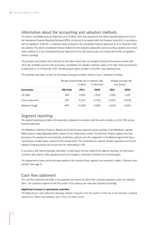 18
Quarterly Report I/2011
Information about the accounting and valuation methods
The interim consolidated financial statements as of 31 March 2011 were prepared for the interim reporting taking into account
the International Financial Reporting Standards (IFRS), as they are to be applied within the European Union (EU). In accordance
with the regulations of IAS 34, a condensed report compared to the consolidated financial statements as of 31 December 2010
was selected. The interim consolidated financial statements were prepared applying the same accounting, valuation and consoli-
dation methods as in the consolidated financial statements for the 2010 financial year and comply with the IAS 34 regulations
(interim reporting).
The principles and methods of the estimates for the interim report have not changed compared to the previous periods (IAS
34,16 (d)). A detailed account of the accounting, consolidation and valuation methods is given in the notes of the annual financi-
al statements as of 31 December 2010. The exercising of options included in the IFRS is also addressed here.
The exchange rates taken as basis for the foreign exchange translation related to Euro 1 developed as follows:
Average spot-exchange rate on reference date Average exchange rate
31 March 31 December First Quarter
Currencies ISO Code 2011 2010 2011 2010
US Dollar USD 1.4099 1.3252 1.3660 1.3247
Chinese Renminbi CNY 9.2337 8.7336 8.9767 8.9558
Malaysian Ringgit MYR 4.2608 4.0800 4.1534 4.2483
Segment reporting
The segment reporting (see table in the appendix) is prepared in accordance with the same principles as in the 2010 annual
financial statements.
The MobileCom, Electronic Products, Medical and Central Services segments require reporting. In the MobileCom segment
Balda produces solely high-quality plastic systems for the mobile phone market. The Electronic Products segment has been
focusing on the development and production of electronic products since the realignment. In the Medical segment the Group
manufactures complex plastic products for the medical sector. The Central Services segment includes expenditure and income
relating to holding functions and income from the shareholding in TPK.
In accordance with internal reporting, information on total output has been added to the segment reporting. The total output
comprises sales revenue, other operating income and changes in inventories of finished and unfinished goods.
The development of sales and the earnings situation of the individual Group segments are presented in detail in "Business deve-
lopment" (see page 7).
Cash flow statement
The cash flow statement (see table in the appendix) only reports the data of the continued operations under the individual
items. The comparison figures for the first quarter of the previous year have been adjusted accordingly.
Significant increase in operational cash flow
The Balda Group’s cash inflow from operating activities increased in the first quarter of 2011 due to the reduction in working
capital to 9.1 million euros (previous year: minus 1.6 million euros).
 