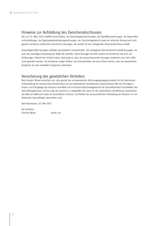 Quartalsbericht I/2012




        Hinweise zur Aufstellung des Zwischenabschlusses
        Die zum 31. März 2012 erstellte Konzernbilanz, die Gesamtergebnisrechnungen, die Kapitalflussrechnungen, die Segmentbe-
        richterstattungen, die Eigenkapitalveränderungsrechnungen, der Zwischenlagebericht sowie der verkürzte Anhang sind nicht
        geprüft und keiner prüferischen Durchsicht unterzogen. Sie wurden für den vorliegenden Zwischenabschluss erstellt.

        Zukunftsgerichtete Aussagen enthalten grundsätzlich Unsicherheiten. Der vorliegende Zwischenbericht enthält Aussagen, die
        auch die zukünftige Entwicklung der Balda AG betreffen. Diese Aussagen beruhen sowohl auf Annahmen wie auch auf
        Schätzungen. Obwohl der Vorstand davon überzeugt ist, dass die vorausschauenden Aussagen realistisch sind, kann dafür
        nicht garantiert werden. Die Annahmen bergen Risiken und Unsicherheiten, die dazu führen können, dass die tatsächlichen
        Ereignisse von den erwarteten Ereignissen abweichen.



        Versicherung des gesetzlichen Vertreters
        Nach bestem Wissen versichern wir, dass gemäß den anzuwendenden Rechnungslegungsgrundsätzen für die Zwischenbe-
        richterstattung der Konzern-Zwischenabschluss ein den tatsächlichen Verhältnissen entsprechendes Bild der Vermögens-,
        Finanz- und Ertragslage des Konzerns vermittelt und im Konzern-Zwischenlagebericht der Geschäftsverlauf einschließlich des
        Geschäftsergebnisses und die Lage des Konzerns so dargestellt sind, dass ein den tatsächlichen Verhältnissen entsprechen-
        des Bild vermittelt wird sowie die wesentlichen Chancen und Risiken der voraussichtlichen Entwicklung des Konzerns im ver-
        bleibenden Geschäftsjahr beschrieben sind.

        Bad Oeynhausen, 02. Mai 2012

        Der Vorstand
        Dominik Müser                 James Lim




20
 