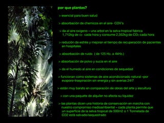 por que plantas?
> esencial para buen salud
> absorbación de chemicos en el aire- COV’s
> da al aire oxigeno – una arbol en la selva tropical fabrica
1,712kg de O2 cada hora y consume 2,352kg de CO2 cada hora
> redución de estrés y mejoran el tiempo de recuperación de pacientes
en hospitales
> absorbación de ruido ( de 125 Hz. a 4kHz.)
> absorbación de polvo y sucia en el aire
> da el humedo al aire en condiciones de sequedad
> funcionan como sistemas de aire acondicionado natural –por
evaporo-traspiración sin energía y sin averias 24/7
> están muy barato en comparación de obras del arte y escultura
> con una paquete de alquiler no afecta su liquidez
> las plantas dicen una historia de conservación en marcha con
nuestro compromiso medioambiental – cada planta permite que
un superficie de la selva tropical de 500m2 o 1 Tonnelada de
CO2 está salvado/sequestrado
 