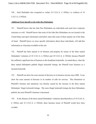 150. Each Defendant also conspired to violate 18 U.S.C.A. § 1962(c), in violation of 18 
U.S.C.A. § 1962(d). 
Additional Facts Specific to the John Doe Defendants 
151. Plaintiff knows that the John Doe Defendants are individuals and some have corporate 
structures as well. Plaintiff knows that some of the John Doe Defendants are not located in the 
United States and upon information and belief, states that some of them operate out of the State 
of Israel. Plaintiff knows no more specific information about these individuals, will add that 
information as it becomes available in this suit. 
152. Plaintiff has been injured in its business and property by reason of the three named 
Defendants' violations of 18 U.S.C.A. § 1962(c) and 18 U.S.C.A. § 1962(d), because Plaintiff 
has suffered a significant loss of business to the fraudulent locksmiths. As stated above, when the 
three named Defendants publish illegal locksmith listings, the Plaintiff loses business as a 
licensed locksmith. 
153. Plaintiff can show the exact amount of decrease in its business income since 2008. It can 
show the exact amount of decrease in its number of calls for services. This diminution in 
was directly caused by the increase in the three named 
s. The more illegal locksmith listings the three Defendants 
publish, t is decreased. 
154. In the absence of the three named Defendants' violations described above of 18 U.S.C.A. 
§ 1962(c) and 18 U.S.C.A. § 1962(d), these business losses of Plaintiff would have been 
avoided. 
 