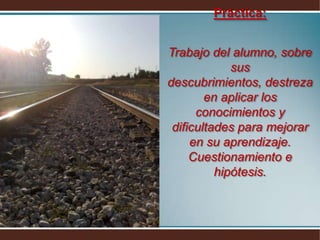 Práctica:Trabajo del alumno, sobre sus descubrimientos, destreza en aplicar los conocimientos y dificultades para mejorar en su aprendizaje. Cuestionamiento e hipótesis.
