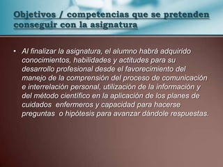 Objetivos / competencias que se pretenden conseguir con la asignaturaAl finalizar la asignatura, el alumno habrá adquirido conocimientos, habilidades y actitudes para su desarrollo profesional desde el favorecimiento del manejo de la comprensión del proceso de comunicación e interrelación personal, utilización de la información y del método científico en la aplicación de los planes de cuidados  enfermeros y capacidad para hacerse preguntas  o hipótesis para avanzar dándole respuestas.