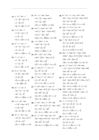 21. 9 x − a − 4m + 4am                                     30. 9 x + 4 y − a − 12 xy − 25b − 10ab
                                                    2   2    2                                                 2     2    2              2

13. a − b − 2bc − c
     2   2          2

                                                 = 9 x 2 − (a 2 − 4am + 4m2 )                               = (9 x − 12 xy + 4 y ) − (a + 10ab + 25b 2 )
                                                                                                                  2             2      2

    = a 2 − (b 2 + 2bc + c 2 )
                                                 = 9 x 2 − (a − 2m)                                          = (3x − 2 y ) − (a + 5b)
                                                                     2                                                             2                   2

    = a 2 − (b + c)
                         2


                                                 = (3x + a − 2m)(3x − a + 2m)                                = (3x − 2 y + a + 5b)(3x − 2 y − a − 5b)
    = (a + b + c)(a − b − c)
                                                                                                        31. 2 am − x − 9 + a + m − 6 x
                                                                                                                    2       2   2

                                             22. 16 x y + 12ab − 4a − 9b
                                                     2 2           2     2

14. 1 − a + 2ax − x                                                                                          = (a 2 + 2am + m2 ) − ( x 2 + 6 x + 9)
         2          2

                                                 = 16x 2 y 2 − (4a 2 − 12ab + 9b 2 )
    = 1 − (a − 2ax + x
             2                       2
                                         )                                                                   = (a + m) − ( x + 3)
                                                                                                                               2                   2

                                                 = 16x 2 y 2 − (2a − 3b)
                                                                                2

    = 1 − (a − x )                                                                                           = (a + m + x + 3)(a + m − x − 3)
                     2

                                                 = (4 xy + 2a − 3b)(4 xy − 2a + 3b)
    = (1 + a − x)(1 − a + x )                                                                           32. x − 9a + 6a b + 1 + 2 x − b
                                                                                                             2    4    2                2

                                             23. − a + 25m − 1 − 2a
                                                    2     2

                                                                                                             = ( x 2 + 2 x + 1) − (b 2 − 6a 2b + 9a 4 )
15. m − x − 2 xy − y                             = 25m2 − (a 2 + 2a + 1)
     2   2           2


    = m2 − ( x 2 + 2 xy + y 2 )                                                                              = ( x + 1) − (b − 3a 2 )
                                                                                                                       2                           2

                                                 = 25m2 − (a + 1)
                                                                    2


    = m2 − ( x + y)                                                                                          = ( x + 1 + b − 3a 2 )( x + 1 − b + 3a 2 )
                             2

                                                 = (5m + a + 1)(5m − a − 1)
    = (m + x + y)(m − x − y )                                                                           33. 16a − 1 − 10m + 9 x − 24ax − 25m
                                                                                                               2               2             2

                                             24. 49 x − 25x − 9 y + 30 xy
                                                     4     2     2

                                                                                                             = (16a 2 − 24ax + 9 x 2 ) − (25m2 + 10m + 1)
16. c − a + 2a − 1                               = 49 x 4 − (25x 2 − 30 xy + 9 y 2 )
     2   2

                                                                                                             = (4a − 3x) − (5m + 1)
                                                                                                                                       2                       2

    = c2 − (a 2 − 2a + 1)
                                                 = 49 x 4 − (5x − 3 y )
                                                                            2

                                                                                                             = (4a − 3x + 5m + 1)(4a − 3x − 5m − 1)
    = c2 − (a − 1)                               = (7 x 2 + 5x − 3 y )(7 x 2 − 5x + 3 y )
                         2


                                                                                                        34. 9m − a + 2acd − c d + 100 − 60m
                                                                                                               2    2          2 2

    = (c + a − 1)(c − a + 1)
                                             25. a − 2ab + b − c − 2cd − d                                  = − (a − 2acd + c d ) + (9m2 − 60m + 100)
                                                  2         2   2                           2
                                                                                                                  2          2 2


                                                 = (a − b) − (c + d )                                        = (3m − 10) − (a − cd )
                                                           2                2
17. 9 − n − 25 − 10n
         2                                                                                                                         2                   2


    = 9 − (n + 10n + 25)
             2
                                                 = (a − b + c + d )(a − b − c − d )                          = (3m − 10 + a − cd )(3m − 10 − a + cd )
    = 9 − (n + 5)
                     2
                                             26. x + 2 xy + y − m + 2mn − n
                                                  2          2   2          2
                                                                                                        35. 4a − 9 x + 49b − 30 xy − 25 y − 28ab
                                                                                                               2      2      2                 2



    = (3 + n + 5)(3 − n − 5)                     = ( x + y) − (m − n)                                       = (4a 2 − 28ab + 49b 2 ) − (9 x 2 + 30 xy + 25 y 2 )
                                                           2                2



    = − (n + 8)(n + 2)                           = ( x + y + m − n)( x + y − m + n)                          = (2a − 7b) − (3x + 5 y )
                                                                                                                                   2                       2




                                             27. a + 4b + 4ab − x − 2ax − a
                                                  2    2         2          2
                                                                                                             = (2a − 7b + 3x + 5 y )(2a − 7b − 3x − 5 y )
18. 4a − x + 4 x − 4
      2   2

                                                 = (a + 4ab + 4b ) − ( x + 2ax + a                  )   36. 225a − 169b + 1 + 30a + 26bc − c
                                                      2                 2               2       2               2      2                     2

    = 4a 2 − ( x 2 − 4 x + 4)
                                                                                                             = (225a 2 + 30a + 1) − (169b 2 − 26bc + c 2 )
                                                 = (a + 2b) − ( x + a )
                                                               2                2

    = 4a 2 − ( x − 2)
                                 2

                                                                                                             = (15a + 1) − (13b − c)
                                                 = (a + 2b + x + a )(a + 2b − x − a)
                                                                                                                               2


    = (2a + x − 2)(2a − x + 2)                                                                               = (15a + 1 + 13b − c)(15a + 1 − 13b + c)
                                                 = (2a + 2b + x )(2b − x )
                                                                                                        37. x − y + 4 + 4 x − 1 − 2 y
                                                                                                             2   2
19. 1 − a − 9n − 6an
         2       2

                                             28. x + 4a − 4ax − y − 9b + 6by
                                                  2    2         2    2

    = 1 − (a 2 + 6an + 9n 2 )                                                                                = ( x 2 + 4 x + 4) − ( y 2 + 2 y + 1)
                                                 = ( x 2 − 4ax + 4a 2 ) − ( y 2 − 6by + 9b2 )
    = 1 − (a + 3n)                                                                                           = ( x + 2) − ( y + 1)
                         2                                                                                                 2                   2

                                                 = ( x − 2a ) − ( y − 3b)
                                                               2                    2


    = (a + 3n + 1)(1 − a − 3n)                                                                               = ( x + 2 + y + 1)( x + 2 − y − 1)
                                                 = ( x − 2a + y − 3b)( x − 2a − y + 3b)
                                                                                                             = ( x + y + 3)( x − y + 1)
20. 25 − x − 16 y + 8 xy
          2      2
                                             29. m − x + 9n + 6mn − 4ax − 4a
                                                  2   2    2                 2
                                                                                            38. a − 16 − x + 36 + 12a − 8 x
                                                                                                 2        2

    = 25 − ( x 2 − 8 xy + 16 y 2 )               = (m2 + 6mn + 9n 2 ) − ( x 2 + 4ax + 4a 2 )    = (a + 12a + 36) − ( x 2 + 8 x + 16)
                                                                                                    2


    = 25 − ( x − 4 y )                           = (m + 3n) − ( x + 2a )
                                 2

                                                                                                             = (a + 6) − ( x + 4)
                                                               2                    2                                  2                   2


    = (5 + x − 4 y)(5 − x + 4 y )                = (m + 3n + x + 2a )(m + 3n − x − 2a )                      = (a + 6 + x + 4)(a + 6 − x − 4)
                                                                                                             = (a + x + 10)(a − x + 2)
 