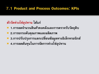 ตัววัดห่วงโซ่อุปทาน ได้แก่
 1.การลดจานวนสินค้าคงคลังและการตรวจรับวัตถุดิบ
 2.การยกระดับคุณภาพและผลิตภาพ
 3.การปรับปรุงการแลกเปลี่ยนข้อมูลทางอิเล็กทรอนิกส์
 4.การลดต้นทุนในการจัดการห่วงโซ่อุปทาน
 