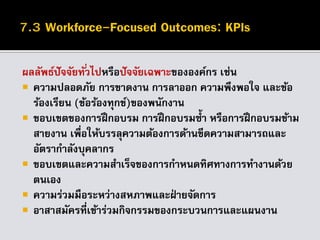 ผลลัพธ์ปัจจัยทั่วไปหรือปัจจัยเฉพาะขององค์กร เช่น
 ความปลอดภัย การขาดงาน การลาออก ความพึงพอใจ และข้อ
ร้องเรียน (ข้อร้องทุกข์)ของพนักงาน
 ขอบเขตของการฝึกอบรม การฝึกอบรมซ้า หรือการฝึกอบรมข้าม
สายงาน เพื่อให้บรรลุความต้องการด้านขีดความสามารถและ
อัตรากาลังบุคลากร
 ขอบเขตและความสาเร็จของการกาหนดทิศทางการทางานด้วย
ตนเอง
 ความร่วมมือระหว่างสหภาพและฝ่ ายจัดการ
 อาสาสมัครที่เข้าร่วมกิจกรรมของกระบวนการและแผนงาน
 