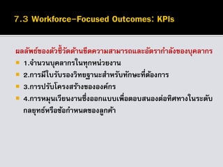 ผลลัพธ์ของตัวชี้วัดด้านขีดความสามารถและอัตรากาลังของบุคลากร
 1.จานวนบุคลากรในทุกหน่วยงาน
 2.การมีใบรับรองวิทยฐานะสาหรับทักษะที่ต้องการ
 3.การปรับโครงสร้างขององค์กร
 4.การหมุนเวียนงานซึ่งออกแบบเพื่อตอบสนองต่อทิศทางในระดับ
กลยุทธ์หรือข้อกาหนดของลูกค้า
 
