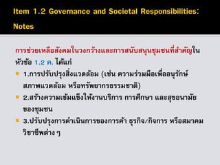 การช่วยเหลือสังคมในวงกว้างและการสนับสนุนชุมชนที่สาคัญใน
หัวข้อ 1.2 ค. ได้แก่
 1.การปรับปรุงสิ่งแวดล้อม (เช่น ความร่วมมือเพื่ออนุรักษ์
สภาพแวดล้อม หรือทรัพยากรธรรมชาติ)
 2.สร้างความเข้มแข็งให้งานบริการ การศึกษา และสุขอนามัย
ของชุมชน
 3.ปรับปรุงการดาเนินการของการค้า ธุรกิจ/กิจการ หรือสมาคม
วิชาชีพต่างๆ
 
