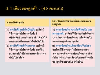 ก. การรับฟังลูกค้า
(1) การรับฟังลูกค้าในปัจจุบัน องค์กรมี
วิธีการอย่างไรในการรับฟัง มี
ปฏิสัมพันธ์ และสังเกตลูกค้า เพื่อให้ได้
สารสนเทศที่สามารถนาไปใช้ต่อได้?
(2) การรับฟังลูกค้าในอนาคต องค์กรมี
วิธีการอย่างไรในการรับฟัง ลูกค้าใน
อนาคตเพื่อให้ได้สารสนเทศที่สามารถ
นาไปใช้ต่อได้?
ข.การประเมินความพึงพอใจและความผูกพัน
ของลูกค้า
(1) ความพึงพอใจ ความไม่พึงพอใจ และ
ความผูกพัน องค์กรมีวิธีการอย่างไรในการ
ประเมินความพึงพอใจ ความไม่พึงพอใจ
และความผูกพันของลูกค้า?
(2) ความพึงพอใจเปรียบเทียบกับคู่แข่ง
องค์กรมีวิธีการอย่างไรในการเสาะหา
สารสนเทศด้านความพึงพอใจของลูกค้าที่
มีต่อองค์กรเปรียบเทียบกับความพึงพอใจ
ของลูกค้าของตนกับองค์กรอื่น?
 