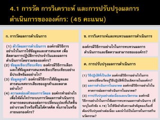 ก. การวัดผลการดาเนินการ
(1) ตัววัดผลการดาเนินการ องค์กรมีวิธีการ
อย่างไรในการใช้ข้อมูลและสารสนเทศ เพื่อ
ติดตามการปฏิบัติการประจาวันและผลการ
ดาเนินการโดยรวมขององค์กร?
(2) ข้อมูลเชิงเปรียบเทียบ องค์กรมีวิธีการเลือก
และใช้ข้อมูลสารสนเทศเชิงเปรียบเทียบอย่าง
มีประสิทธิผลอย่างไร?
(3) ข้อมูลลูกค้า องค์กรมีวิธีการใช้ข้อมูลและ
สารสนเทศจากเสียงของลูกค้าและตลาด
อย่างไร?
(4) ความคล่องตัวของการวัดผล องค์กรทาอย่างไร
เพื่อให้มั่นใจว่าระบบการวัดผลการดาเนินการ
สามารถตอบสนองต่อการเปลี่ยนแปลงที่เกิดขึ้น
อย่างรวดเร็วหรือที่ไม่ได้คาดคิด ทั้งภายในหรือ
ภายนอกองค์กร?
ข. การวิเคราะห์และทบทวนผลการดาเนินการ
องค์กรมีวิธีการอย่างไรในการทบทวนผลการ
ดาเนินการและขีดความสามารถขององค์กร?
ค. การปรับปรุงผลการดาเนินการ
(1) วิธีปฏิบัติที่เป็นเลิศ องค์กรมีวิธีการอย่างไรในการ
แลกเปลี่ยนเรียนรู้วิธีปฏิบัติที่เป็นเลิศภายในองค์กร?
(2) ผลการดาเนินการในอนาคต องค์กรมีวิธีการอย่างไรใน
คาดการณ์ผลการดาเนินการในอนาคต?
(3) การปรับปรุงอย่างต่อเนื่องและนวัตกรรม องค์กรมี
วิธีการอย่างไรในการใช้ผลการทบทวนผลการดาเนินการ (ที่
ระบุในหัวข้อ 4.1ข) ไปใช้จัดลาดับความสาคัญของเรื่องที่
ต้องปรับปรุงอย่างต่อเนื่อง และนาไปเป็นโอกาสในการสร้าง
นวัตกรรม?
 