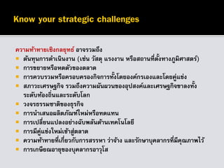 ความท้าทายเชิงกลยุทธ์ อาจรวมถึง
 ต้นทุนการดาเนินงาน (เช่น วัสดุ แรงงาน หรือสถานที่ตั้งทางภูมิศาสตร์)
 การขยายหรือหดตัวของตลาด
 การควบรวมหรือครอบครองกิจการทั้งโดยองค์กรเองและโดยคู่แข่ง
 สภาวะเศรษฐกิจ รวมถึงความผันผวนของอุปสงค์และเศรษฐกิจขาลงทั้ง
ระดับท้องถิ่นและระดับโลก
 วงจรธรรมชาติของธุรกิจ
 การนาเสนอผลิตภัณฑ์ใหม่หรือทดแทน
 การเปลี่ยนแปลงอย่างฉับพลันด้านเทคโนโลยี
 การมีคู่แข่งใหม่เข้าสู่ตลาด
 ความท้าทายที่เกี่ยวกับการสรรหา ว่าจ้าง และรักษาบุคลากรที่มีคุณภาพไว้
 การเกษียณอายุของบุคลากรอาวุโส
 