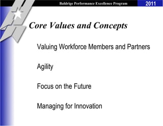 Baldrige Performance Excellence Program   2011


Core Values and Concepts

  Valuing Workforce Members and Partners

  Agility

  Focus on the Future

  Managing for Innovation
 