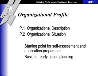 Baldrige Performance Excellence Program   2011


Organizational Profile

P.1 Organizational Description
P.2 Organizational Situation

   Starting point for self-assessment and
   application preparation
   Basis for early action planning
 