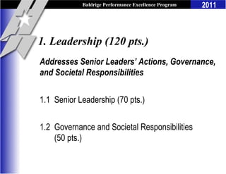 Baldrige Performance Excellence Program   2011



1. Leadership (120 pts.)
Addresses Senior Leaders’ Actions, Governance,
and Societal Responsibilities

1.1 Senior Leadership (70 pts.)

1.2 Governance and Societal Responsibilities
    (50 pts.)
 