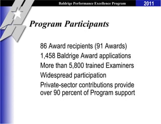 Baldrige Performance Excellence Program   2011


Program Participants

  86 Award recipients (91 Awards)
  1,458 Baldrige Award applications
  More than 5,800 trained Examiners
  Widespread participation
  Private-sector contributions provide
  over 90 percent of Program support
 