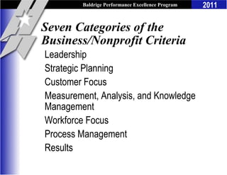 Baldrige Performance Excellence Program   2011

Seven Categories of the
Business/Nonprofit Criteria
Leadership
Strategic Planning
Customer Focus
Measurement, Analysis, and Knowledge
Management
Workforce Focus
Process Management
Results
 