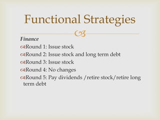 Functional Strategies
Finance
          
Round 1: Issue stock
Round 2: Issue stock and long term debt
Round 3: Issue stock
Round 4: No changes
Round 5: Pay dividends /retire stock/retire long
 term debt
 