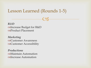 Lesson Learned (Rounds 1-5)
                           
R&D
Increase Budget for R&D
Product Placement

Marketing
Customer Awareness
Customer Accessibility

Productions
Maintain Automation
Increase Automation
 