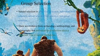 Group Selection
• Natural selection in gene-level selection, individual-level
selection, sexual selection, kin selection, and group
selection.
• There are evidence from archaeology, anthropology, and
ethnography that individual-level selection plays a
important role in human intelligence.
 