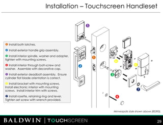 Installation – Touchscreen Handleset
 Install both latches.
 Install exterior handle grip assembly.
 Install interior spindle, washer and adapter,
tighten with mounting screws.
 Install interior through bolt-screw and
washer. Assemble with decorative cap.
 Install exterior deadbolt assembly. Ensure
cylinder flat blade orientation is correct.
 Install bracket with mounting screws.
Install electronic interior with mounting
screws. Install interior trim with screws.
 Install rosette, retaining ring and lever.
Tighten set screw with wrench provided.








Minneapolis style shown above (85393).
29
 