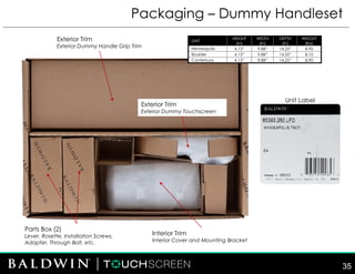 Packaging – Dummy Handleset
35
UNIT
HEIGHT
(in)
WIDTH
(in)
DEPTH
(in)
WEIGHT
(lbs)
Minneapolis 4.13” 9.88” 14.25” 8.90
Boulder 4.13” 9.88” 14.25” 8.10
Canterbury 4.13” 9.88” 14.25” 8.90
Unit Label
Exterior Trim
Exterior Dummy Handle Grip Trim
Parts Box (2)
Lever, Rosette, Installation Screws,
Adapter, Through Bolt, etc.
Interior Trim
Interior Cover and Mounting Bracket
Exterior Trim
Exterior Dummy Touchscreen
 