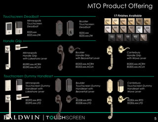 Minneapolis
Touchscreen
Deadbolt
8225.xxx
8225.xxx.ZW
Minneapolis
Handle Grip
with Lakeshore Lever
85390.xxx.ACRH
85390.xxx.ACLH
Boulder
Handle Grip
with Beavertail Lever
85353.xxx.ACRH
85353.xxx.ACLH
Canterbury
Handle Grip
with Wave Lever
85305.xxx.ACRH
85305.xxx.ACLH
Boulder
Touchscreen
Deadbolt
8235.xxx
8235.xxx.ZW
Minneapolis
Touchscreen Dummy
Handleset with
Lakeshore Lever
85393.xxx.RFD
85393.xxx.LFD
Boulder
Touchscreen Dummy
Handleset with
Beavertail Lever
85358.xxx.RFD
85358.xxx.LFD
Canterbury
Touchscreen Dummy
Handleset with
Wave Lever
85306.xxx.RFD
85306.xxx.LFD
Touchscreen Deadbolt
Handle Grip
Touchscreen Dummy Handleset
MTO Product Offering
17 Finishes Available
112 190102 452402
056 150055 260151 264
031 033003 050044 060
5
 