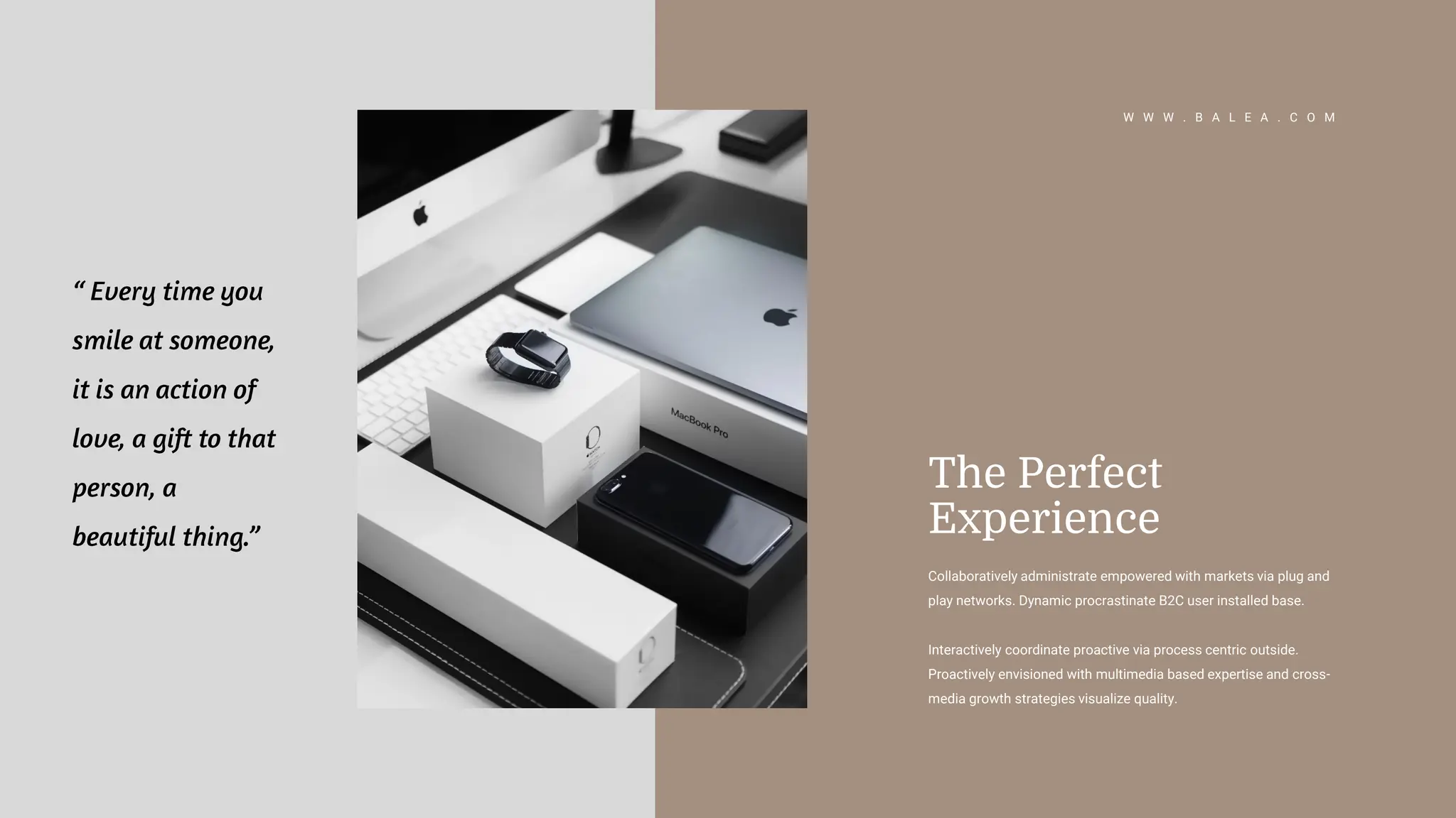 Collaboratively administrate empowered with markets via plug and
play networks. Dynamic procrastinate B2C user installed base.
Interactively coordinate proactive via process centric outside.
Proactively envisioned with multimedia based expertise and cross-
media growth strategies visualize quality.
The Perfect
Experience
W W W . B A L E A . C O M
 