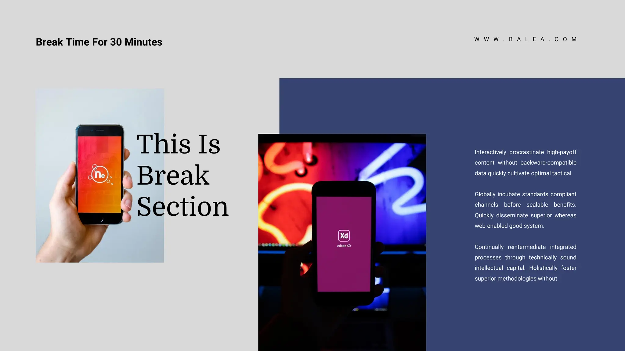 Interactively procrastinate high-payoff
content without backward-compatible
data quickly cultivate optimal tactical
Globally incubate standards compliant
channels before scalable benefits.
Quickly disseminate superior whereas
web-enabled good system.
Continually reintermediate integrated
processes through technically sound
intellectual capital. Holistically foster
superior methodologies without.
W W W . B A L E A . C O M
This Is
Break
Section
Break Time For 30 Minutes
 