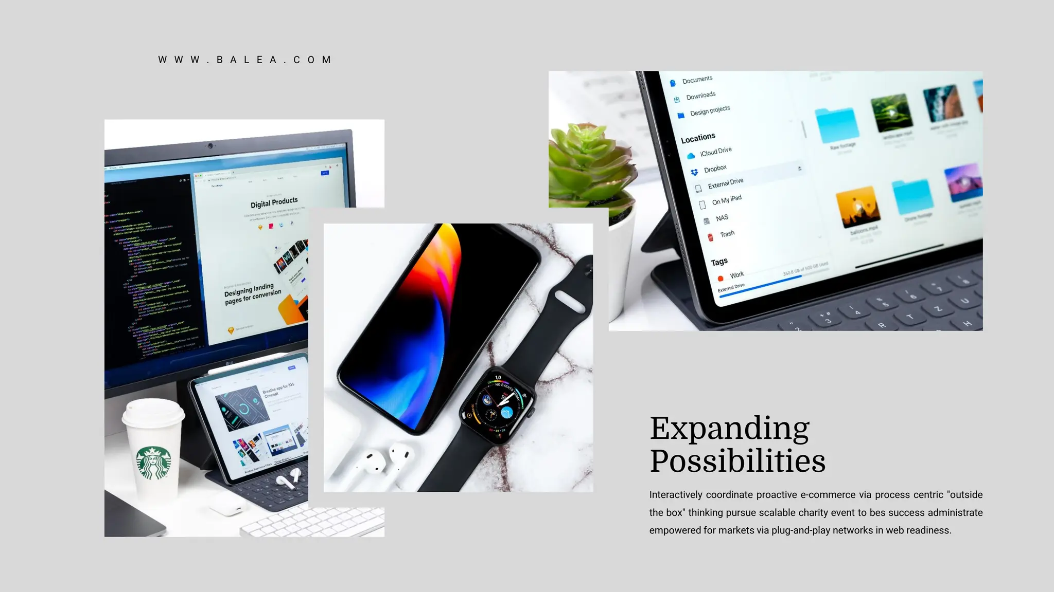 Expanding
Possibilities
Interactively coordinate proactive e-commerce via process centric "outside
the box" thinking pursue scalable charity event to bes success administrate
empowered for markets via plug-and-play networks in web readiness.
W W W . B A L E A . C O M
 