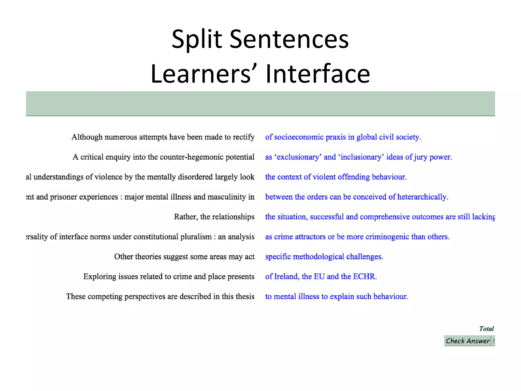 Split Sentences
Learners’ Interface
 