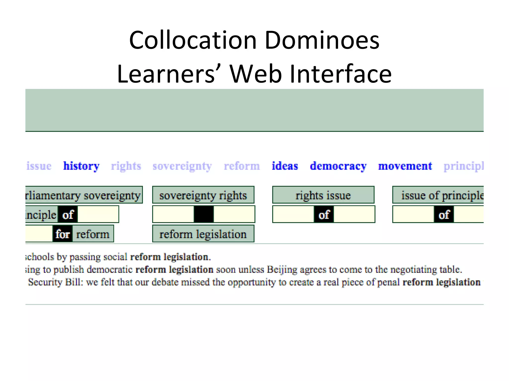 Collocation Dominoes
Learners’ Web Interface
 