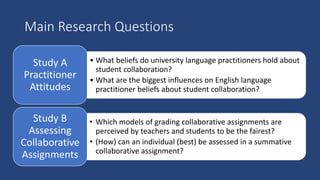 Main Research Questions
• What beliefs do university language practitioners hold about
student collaboration?
• What are the biggest influences on English language
practitioner beliefs about student collaboration?
Study A
Practitioner
Attitudes
• Which models of grading collaborative assignments are
perceived by teachers and students to be the fairest?
• (How) can an individual (best) be assessed in a summative
collaborative assignment?
Study B
Assessing
Collaborative
Assignments
 